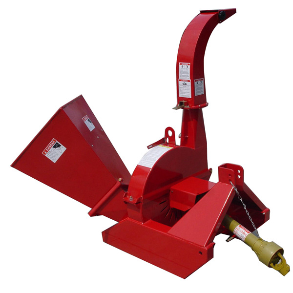 Heavy duty wood chipper machine with large wheels, yellow and black color scheme, industrial design, outdoor setting